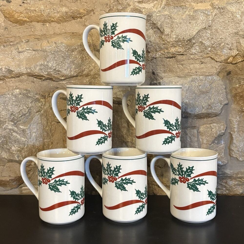 Vintage Libbey Holly Berries Ribbon Ceramic Cups Mugs Holiday Christmas Set of 6
